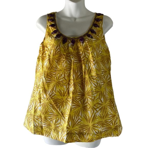Boden Tops - Boden Womens 12 Chic Beaded Applique Sleeveless Top Yellow Printed Cotton